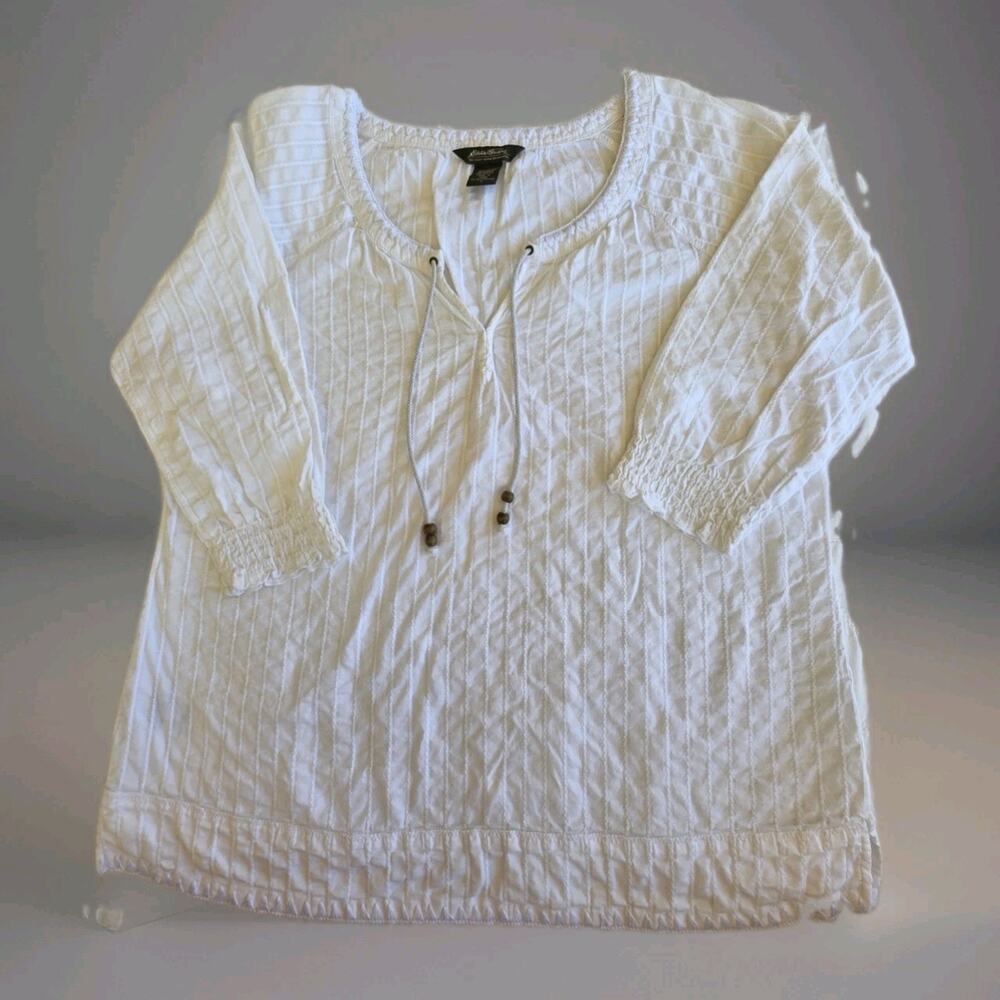 Eddie Bauer Women's Large Blouse White 100% Cotton Peasant Prairie Tie Front